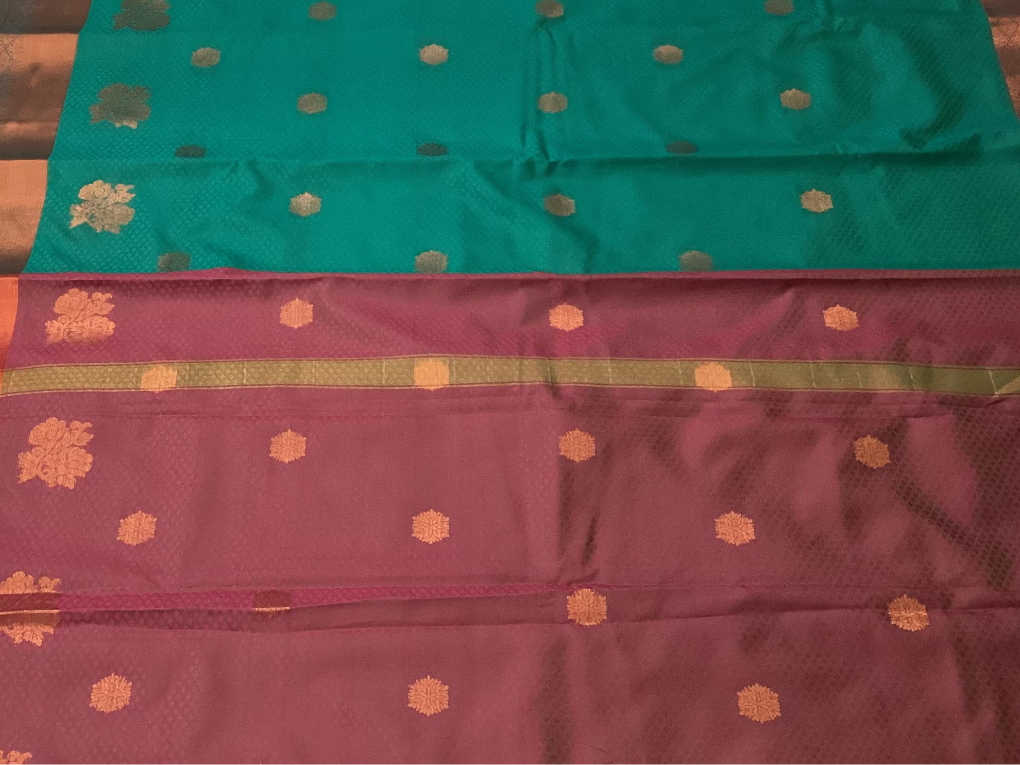 Teal Burgundy Silk Saree Copper Zari Floral Motifs Contrast Border