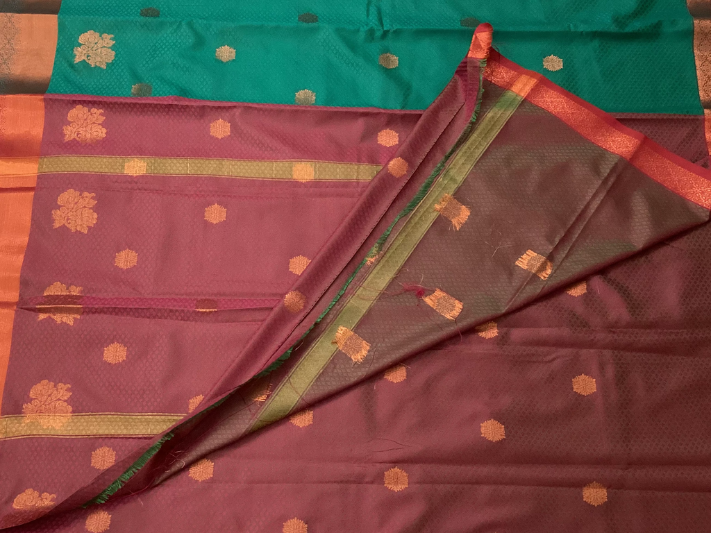 Teal Burgundy Silk Saree Copper Zari Floral Motifs Contrast Border