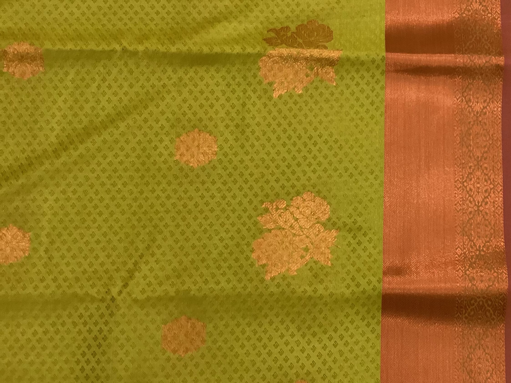Olive Green Silk Saree with Brick Red Pallu and Gold Zari