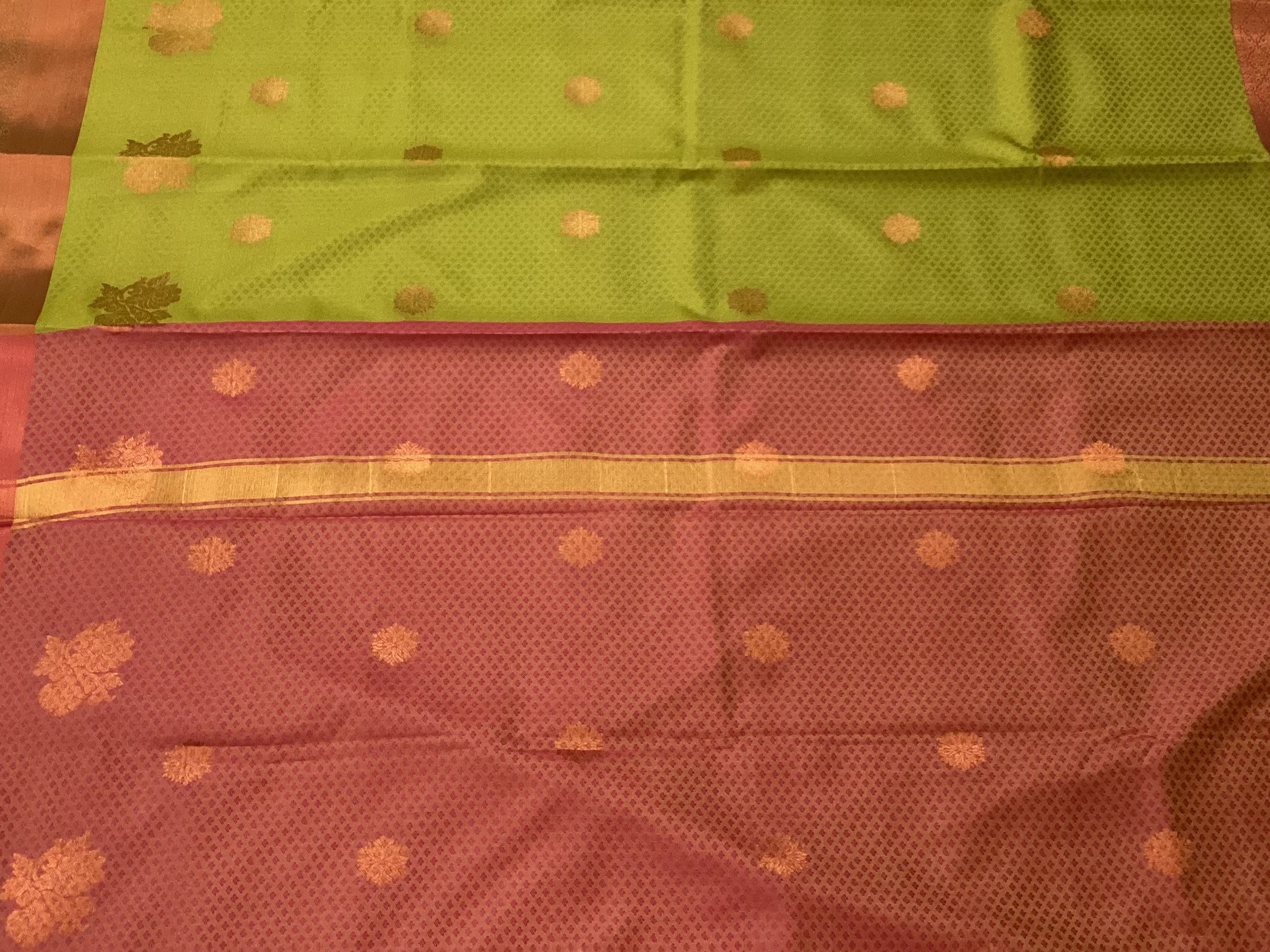 Olive Green Silk Saree with Brick Red Pallu and Gold Zari