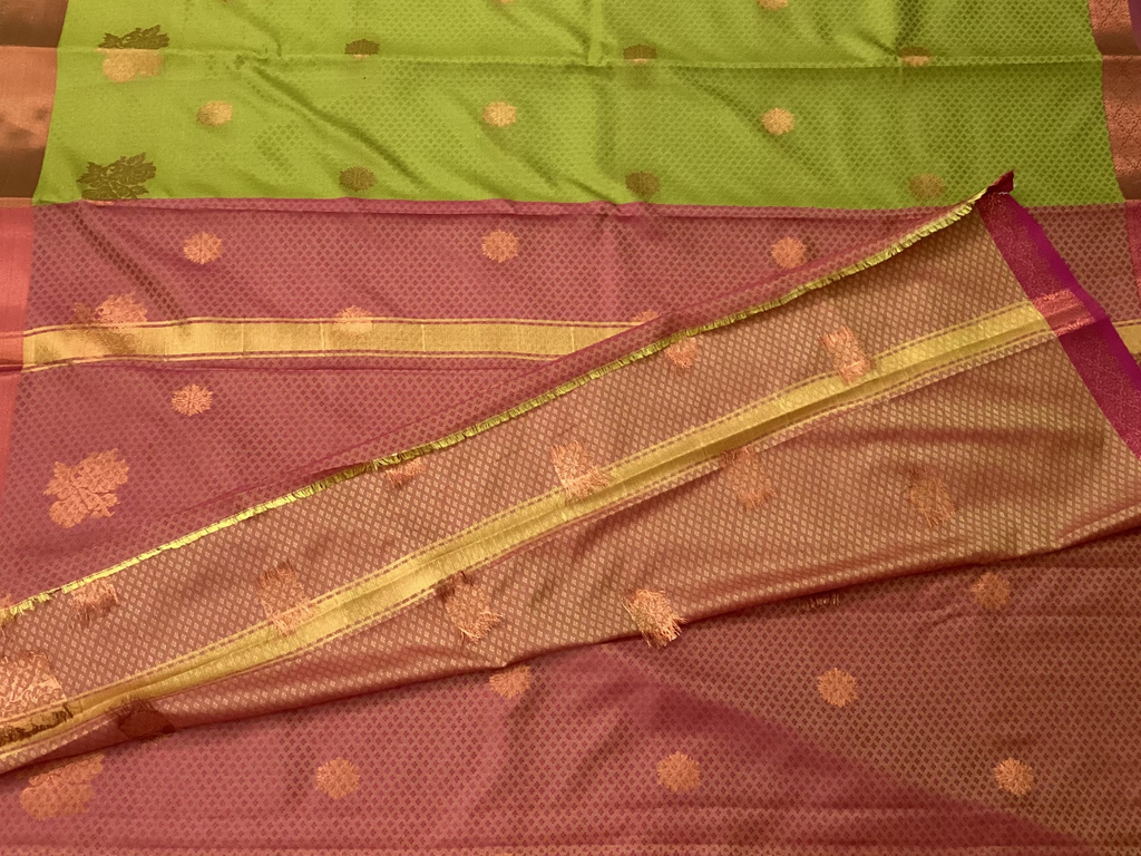 Olive Green Silk Saree with Brick Red Pallu and Gold Zari