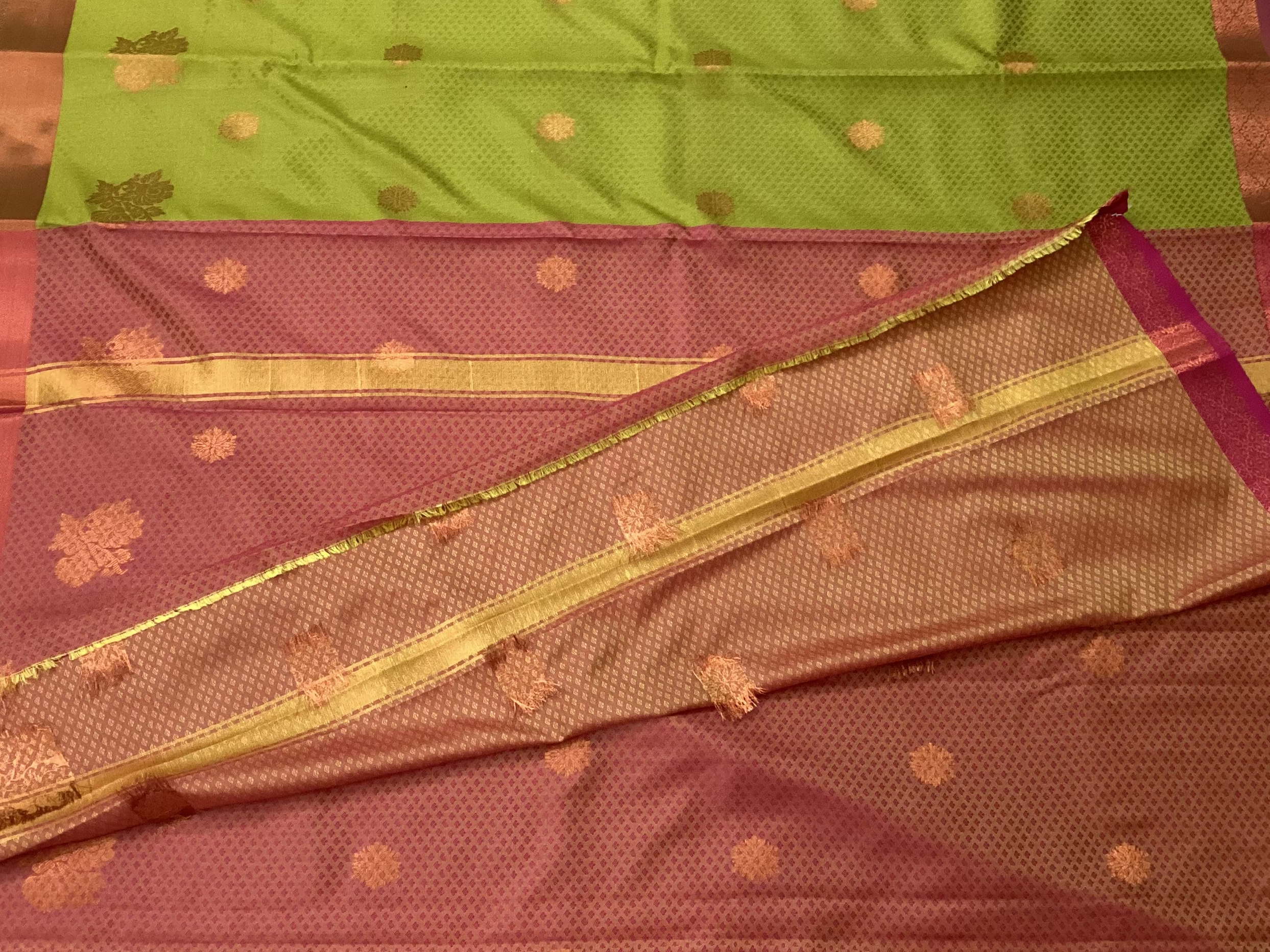 Olive Green Silk Saree with Brick Red Pallu and Gold Zari