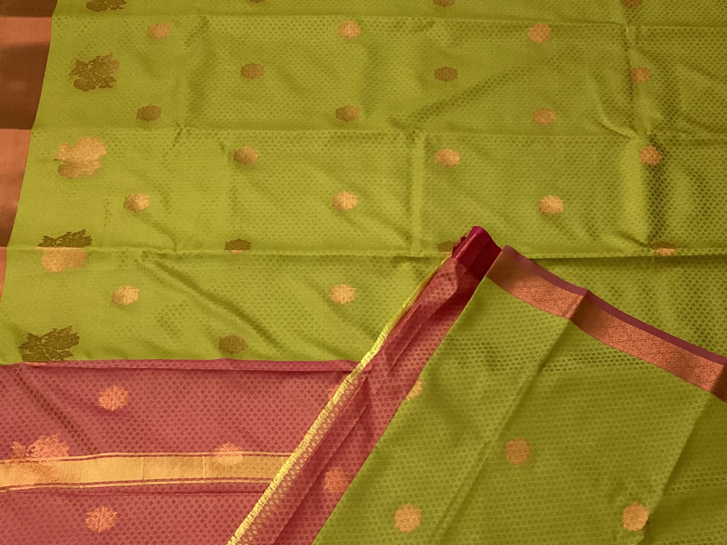 Olive Green Silk Saree with Brick Red Pallu and Gold Zari