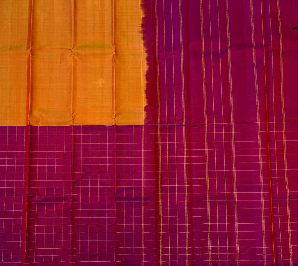 Deep Magenta Checked Saree With Gold Zari Grid Festive Wear
