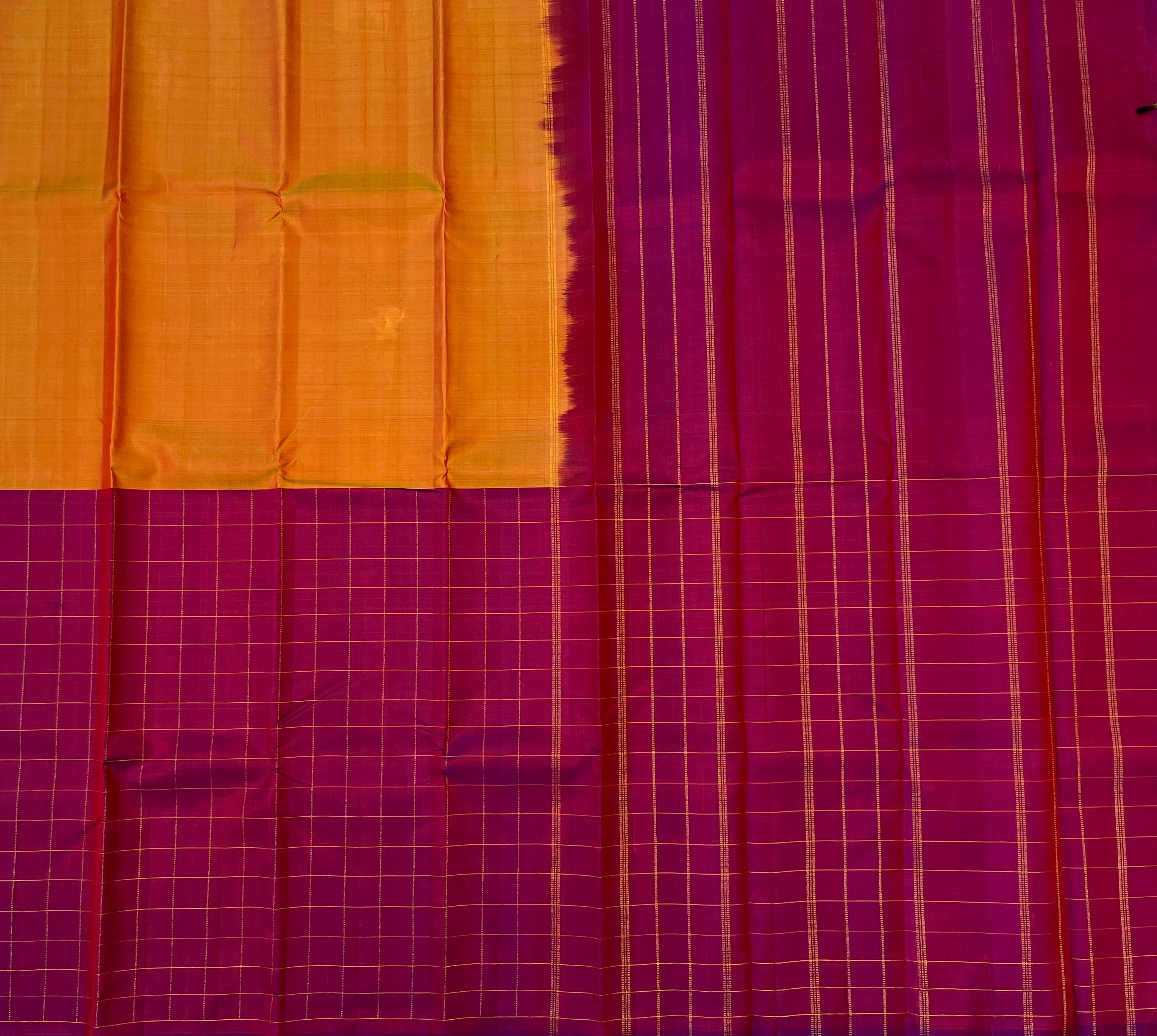Deep Magenta Checked Saree With Gold Zari Grid Festive Wear