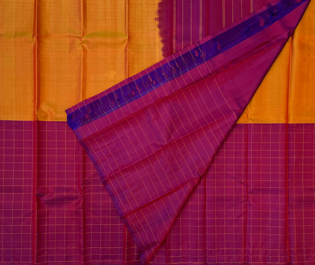 Deep Magenta Checked Saree With Gold Zari Grid Festive Wear