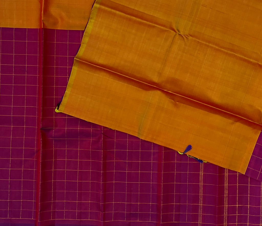 Deep Magenta Checked Saree With Gold Zari Grid Festive Wear