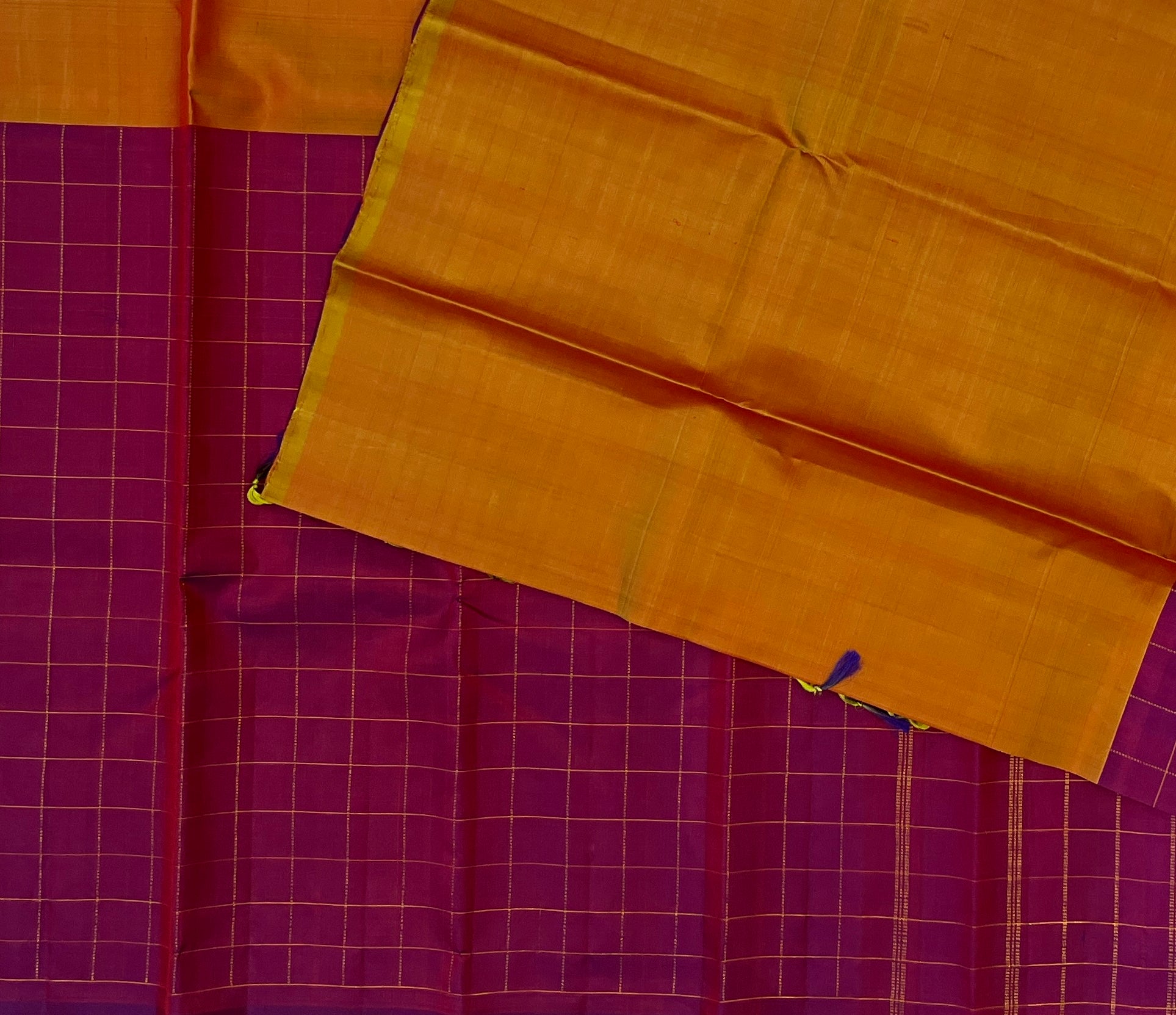 Deep Magenta Checked Saree With Gold Zari Grid Festive Wear