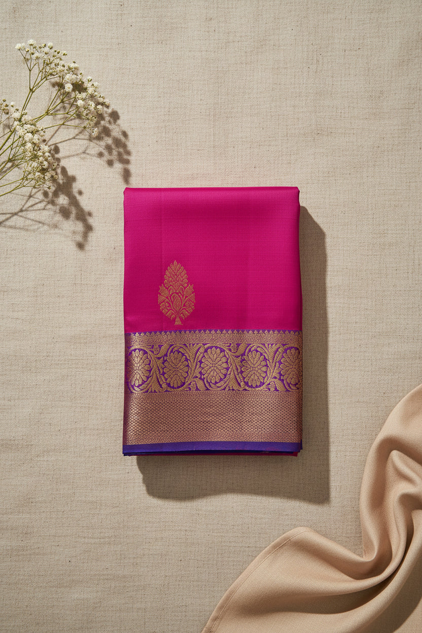 Fuchsia Gold Brocade Silk Saree With Purple Contrast Border