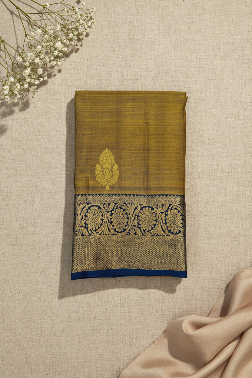 Antique Gold Silk Saree With Purple Woven Floral Zari Border