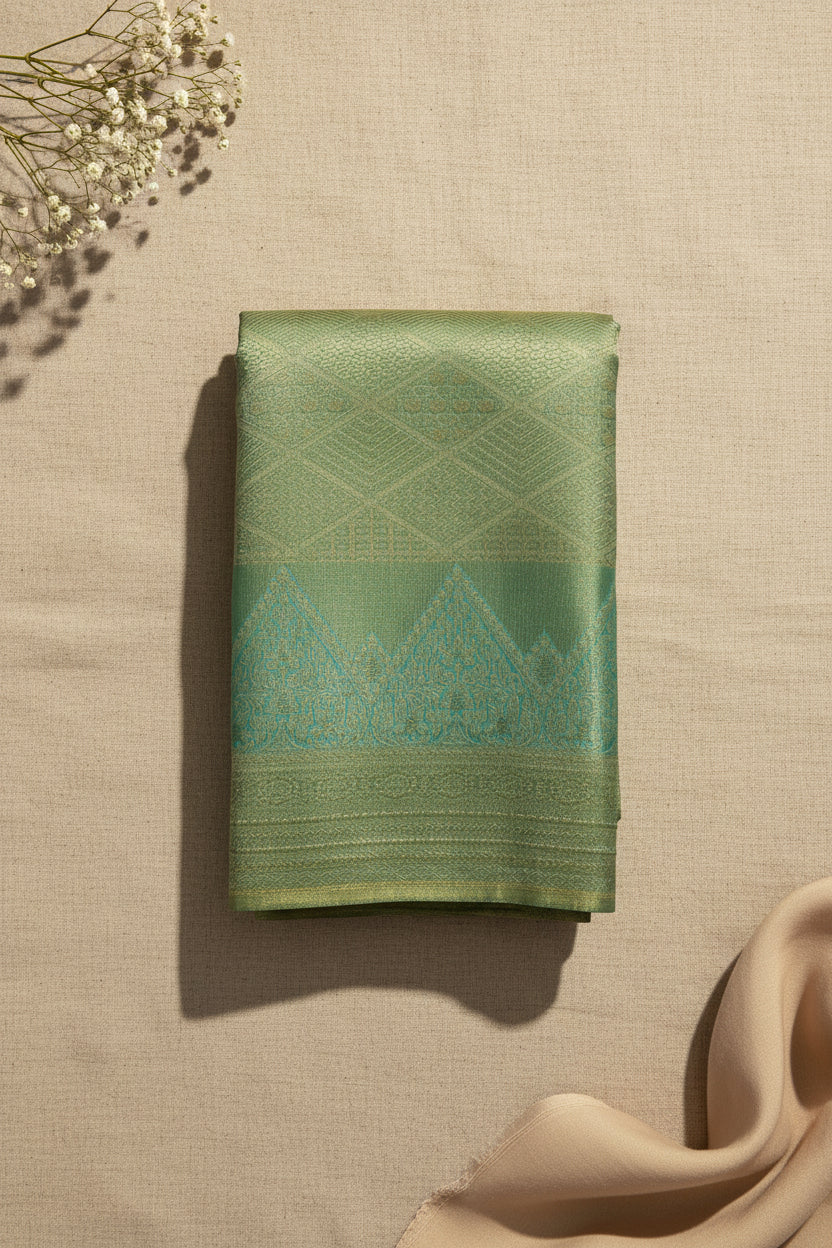 Teal Silver Zari Brocade Saree Wedding Festive Traditional Ethnic Wear