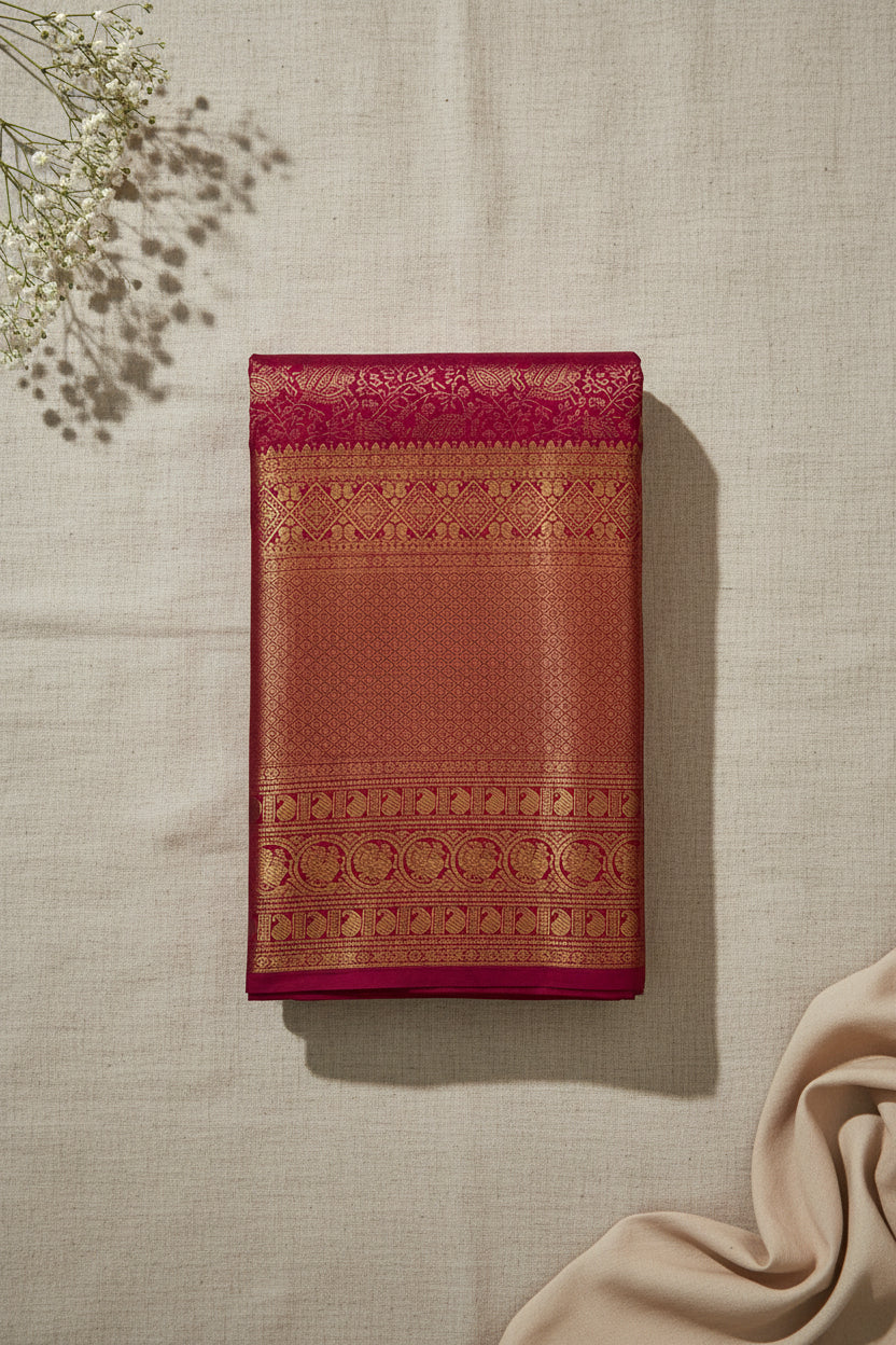 Magenta Gold Brocade Saree With Paisley Medallion Border Traditional Wedding Wear