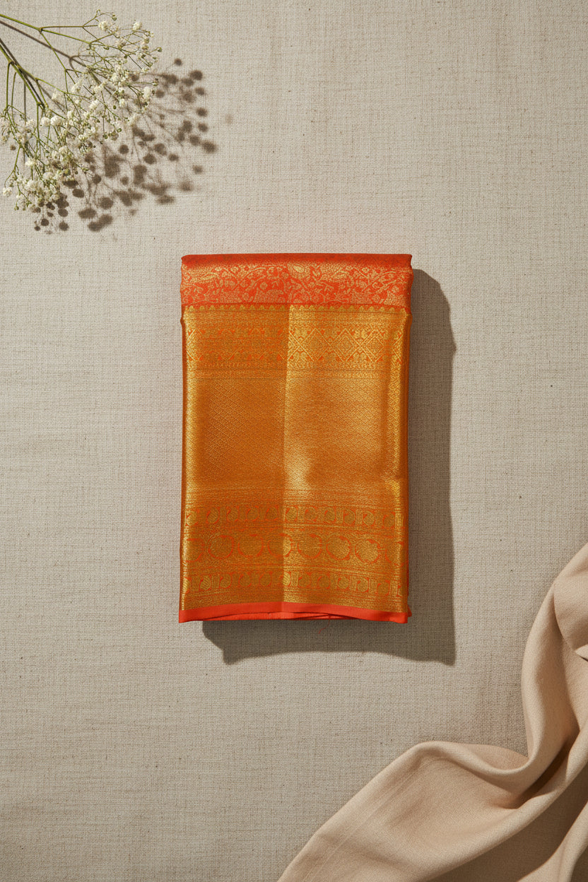 Gold Brocade Saree Crimson Pallu Intricate Motifs Wedding Festive Woven