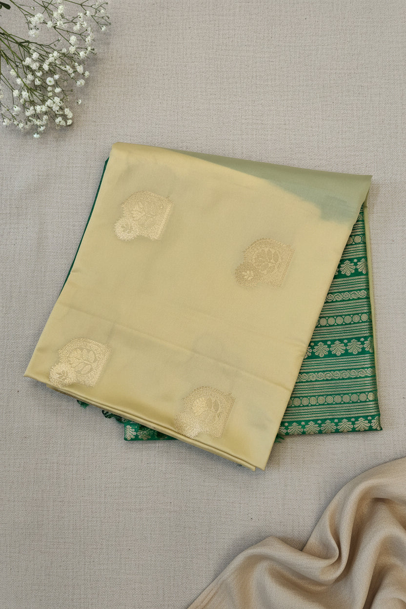 Emerald Green Mint Beige Saree Woven Paisley Silver Zari Border