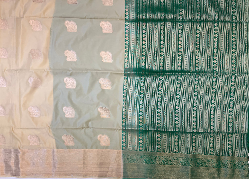 Emerald Green Mint Beige Saree Woven Paisley Silver Zari Border