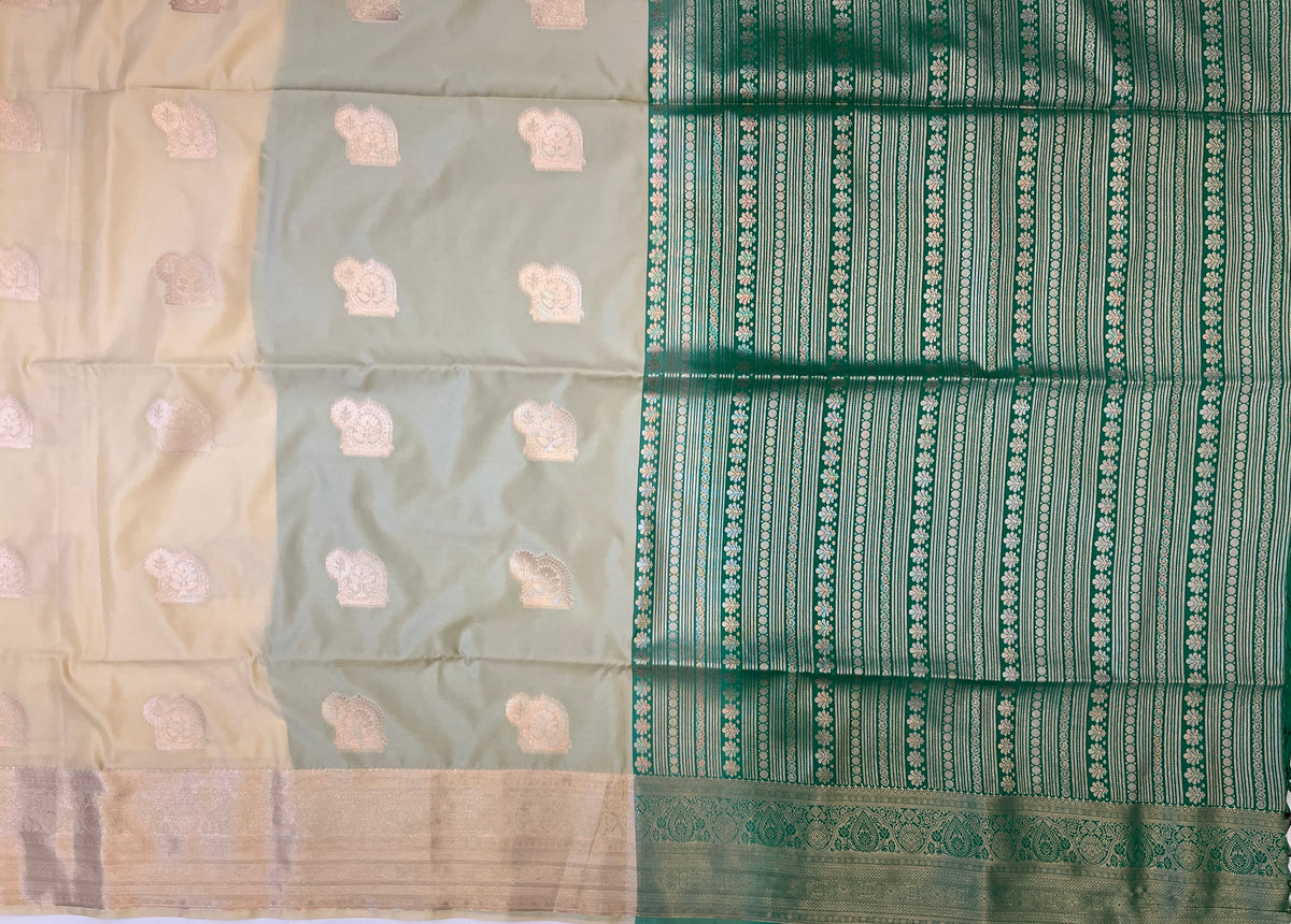 Emerald Green Mint Beige Saree Woven Paisley Silver Zari Border