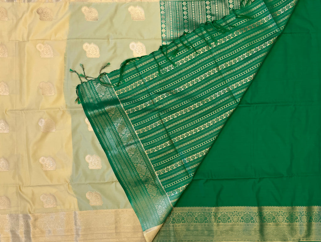 Emerald Green Mint Beige Saree Woven Paisley Silver Zari Border