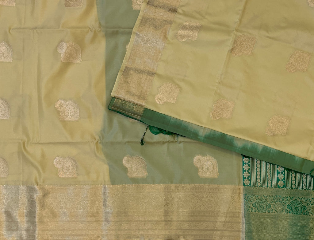 Emerald Green Mint Beige Saree Woven Paisley Silver Zari Border