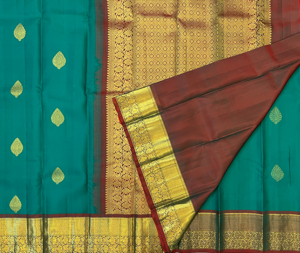 Emerald Silk Saree With Gold Zari Paisley Border For Weddings