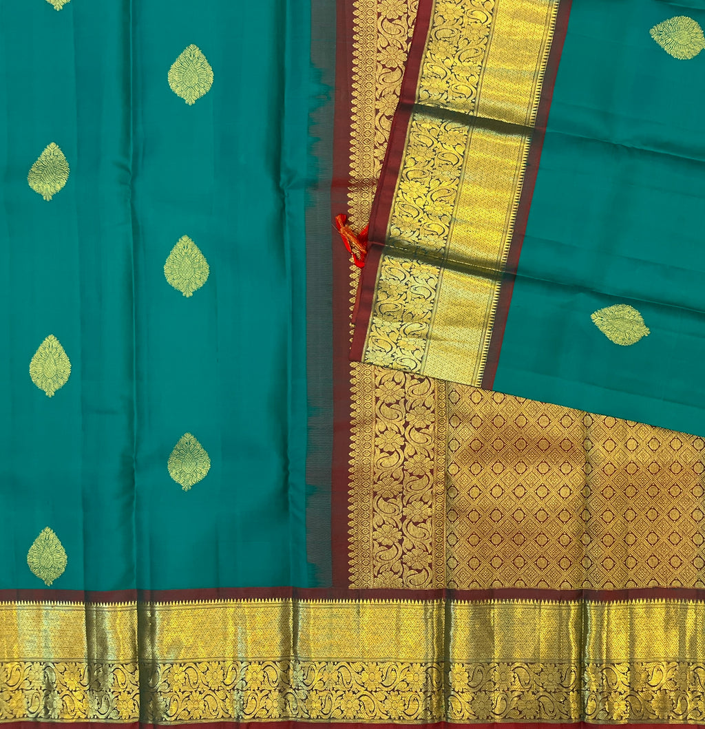 Emerald Silk Saree With Gold Zari Paisley Border For Weddings