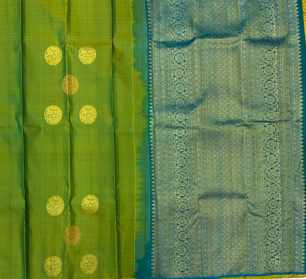 Parrot Green with Peacock Blue Pure Kanchipuram Silk Elegance
