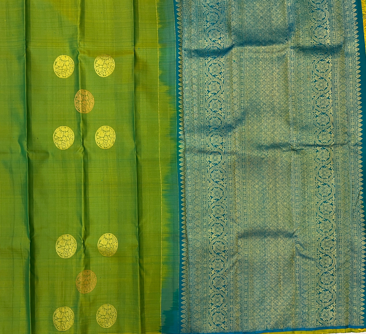 Parrot Green with Peacock Blue Pure Kanchipuram Silk Elegance