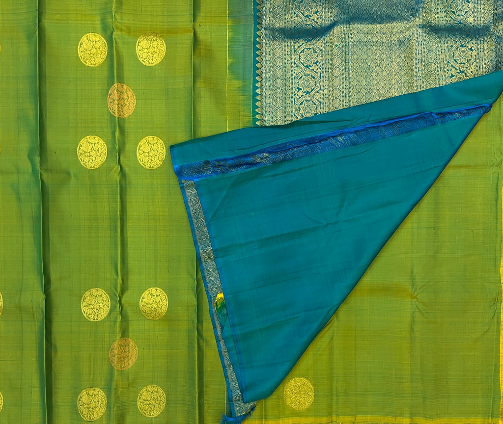 Parrot Green with Peacock Blue Pure Kanchipuram Silk Elegance