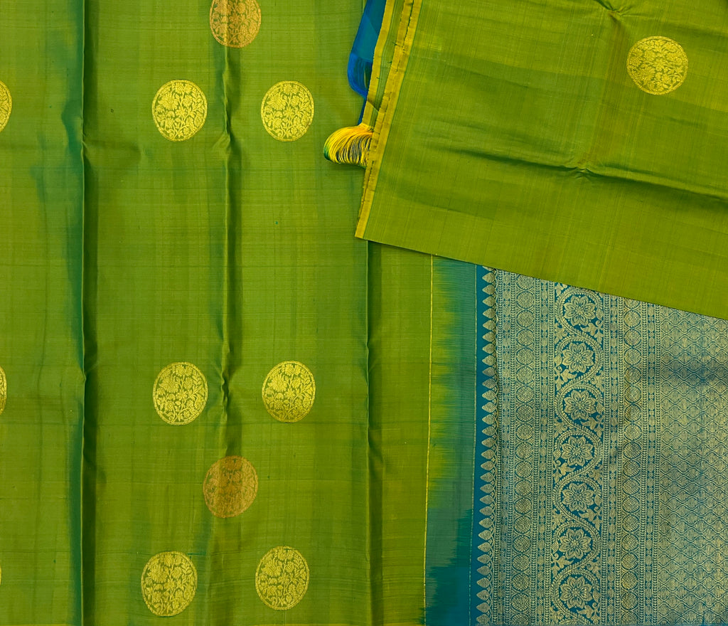 Parrot Green with Peacock Blue Pure Kanchipuram Silk Elegance