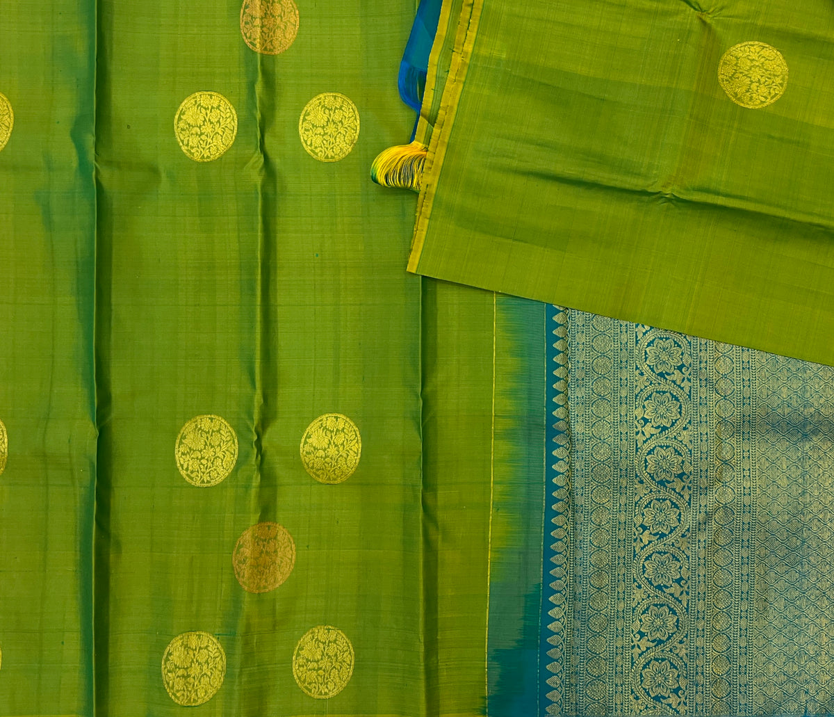 Parrot Green with Peacock Blue Pure Kanchipuram Silk Elegance