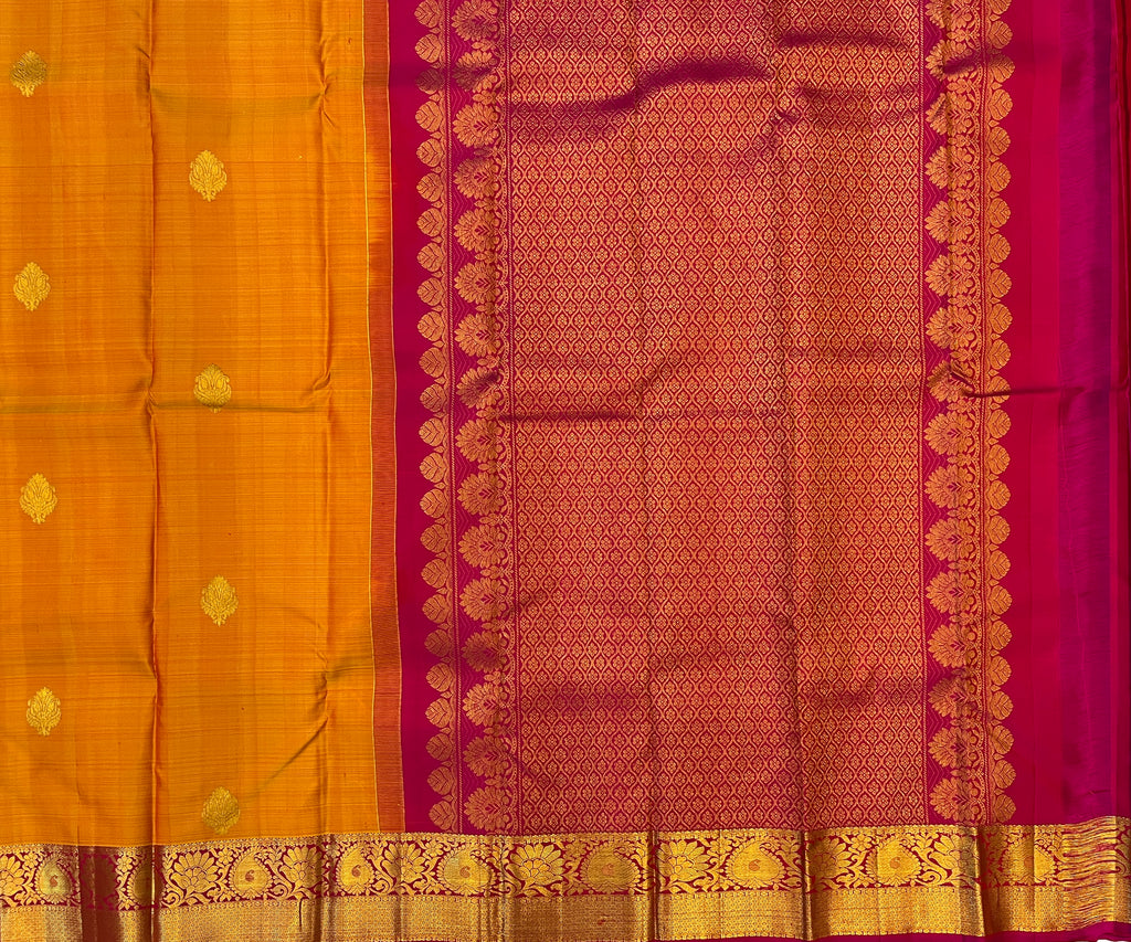Burnt Orange Silk Saree Gold Brocade Magenta Border Traditional Wear