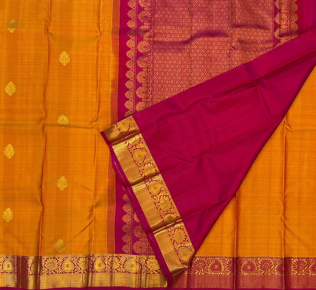 Burnt Orange Silk Saree Gold Brocade Magenta Border Traditional Wear