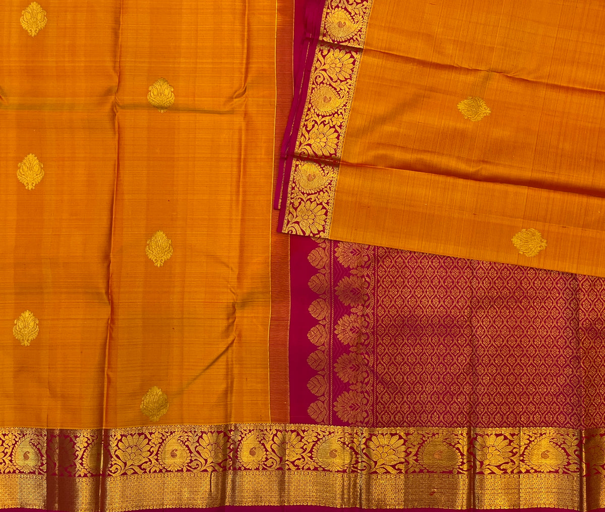Burnt Orange Silk Saree Gold Brocade Magenta Border Traditional Wear