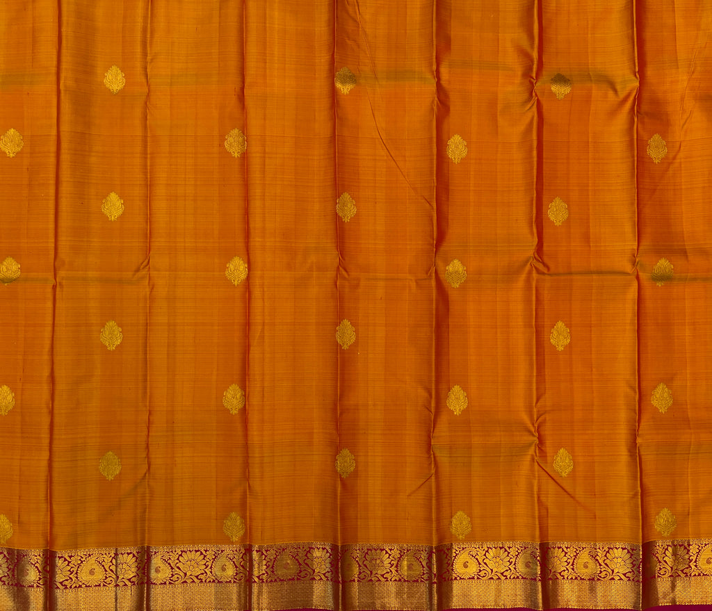Burnt Orange Silk Saree Gold Brocade Magenta Border Traditional Wear