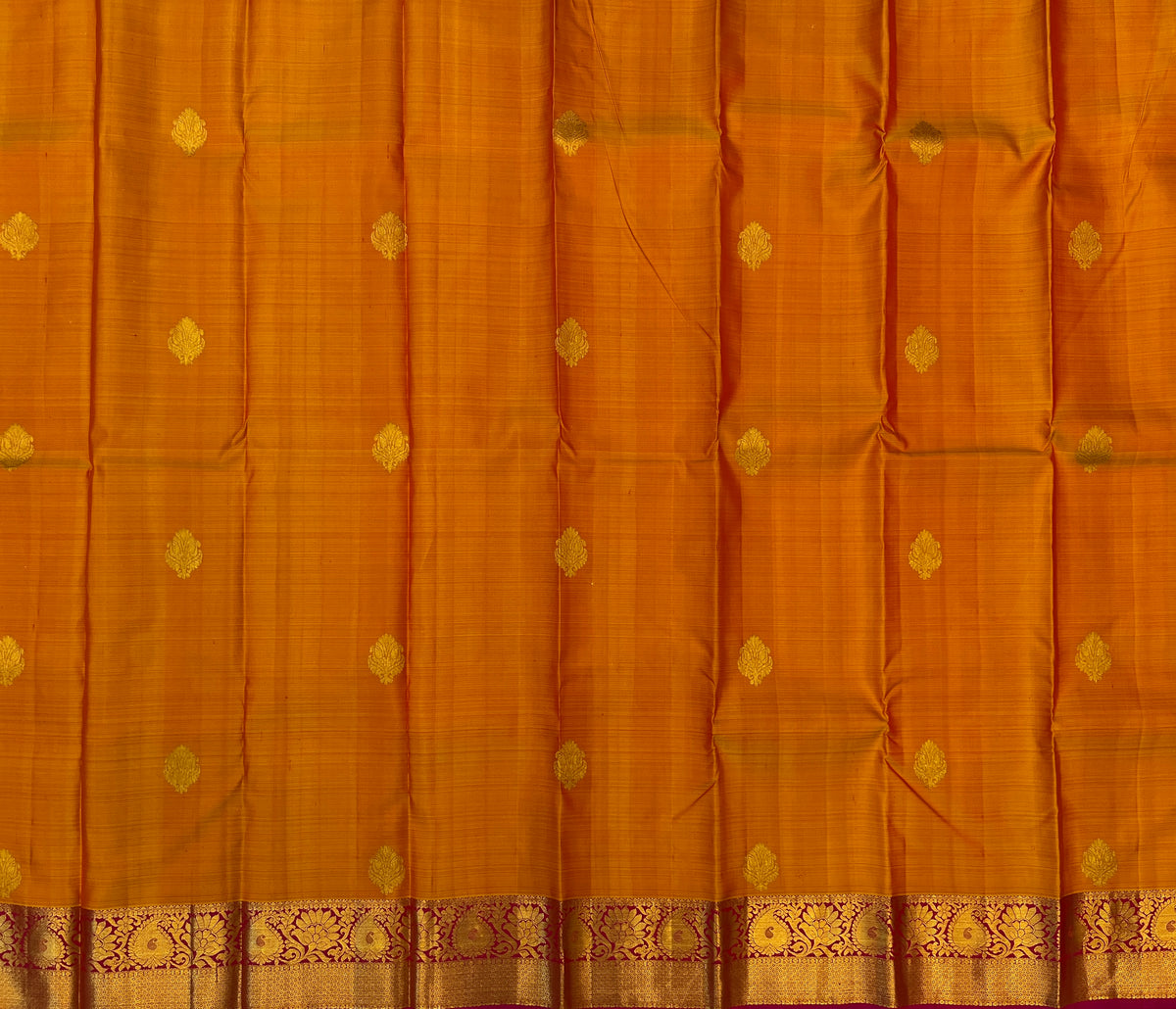 Burnt Orange Silk Saree Gold Brocade Magenta Border Traditional Wear