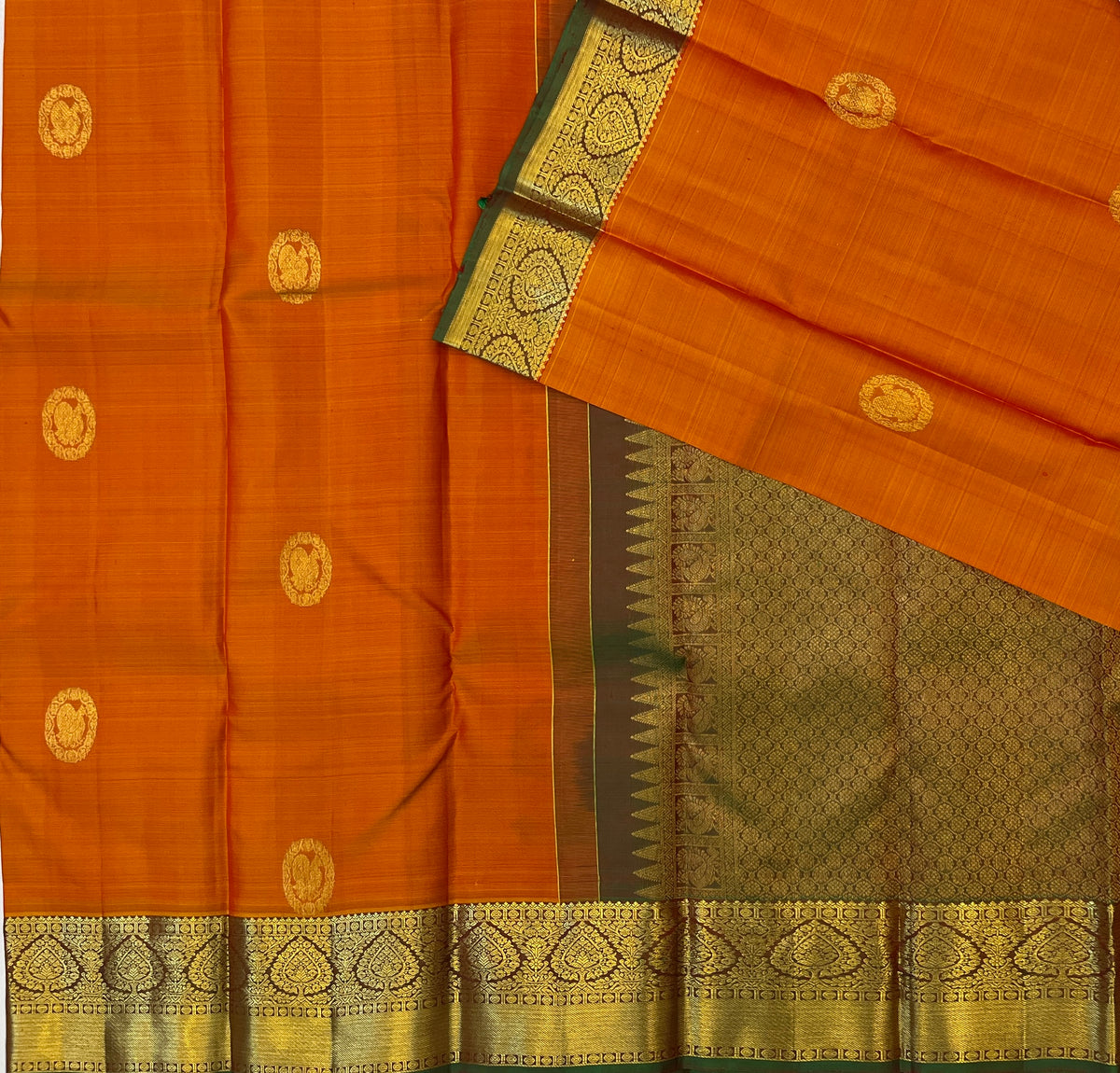Vibrant Orange with Antique Copper Rust Pure Kanchipuram Silk Elegance