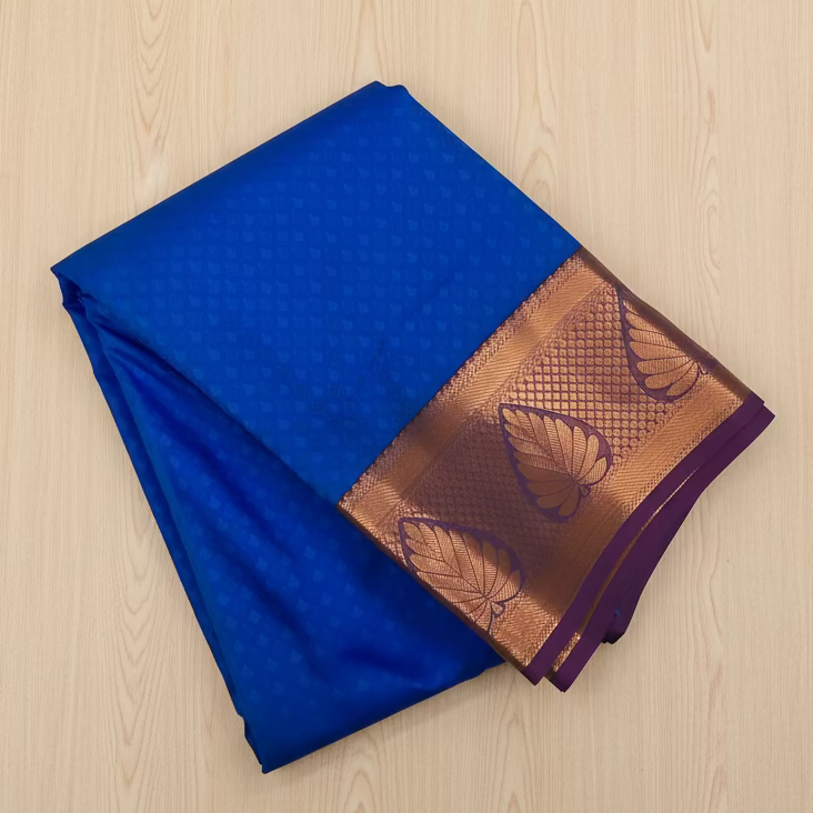 Royal Blue Silk Saree Magenta Pallu Copper Gold Leaf Border