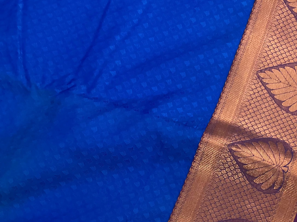 Royal Blue Silk Saree Magenta Pallu Copper Gold Leaf Border