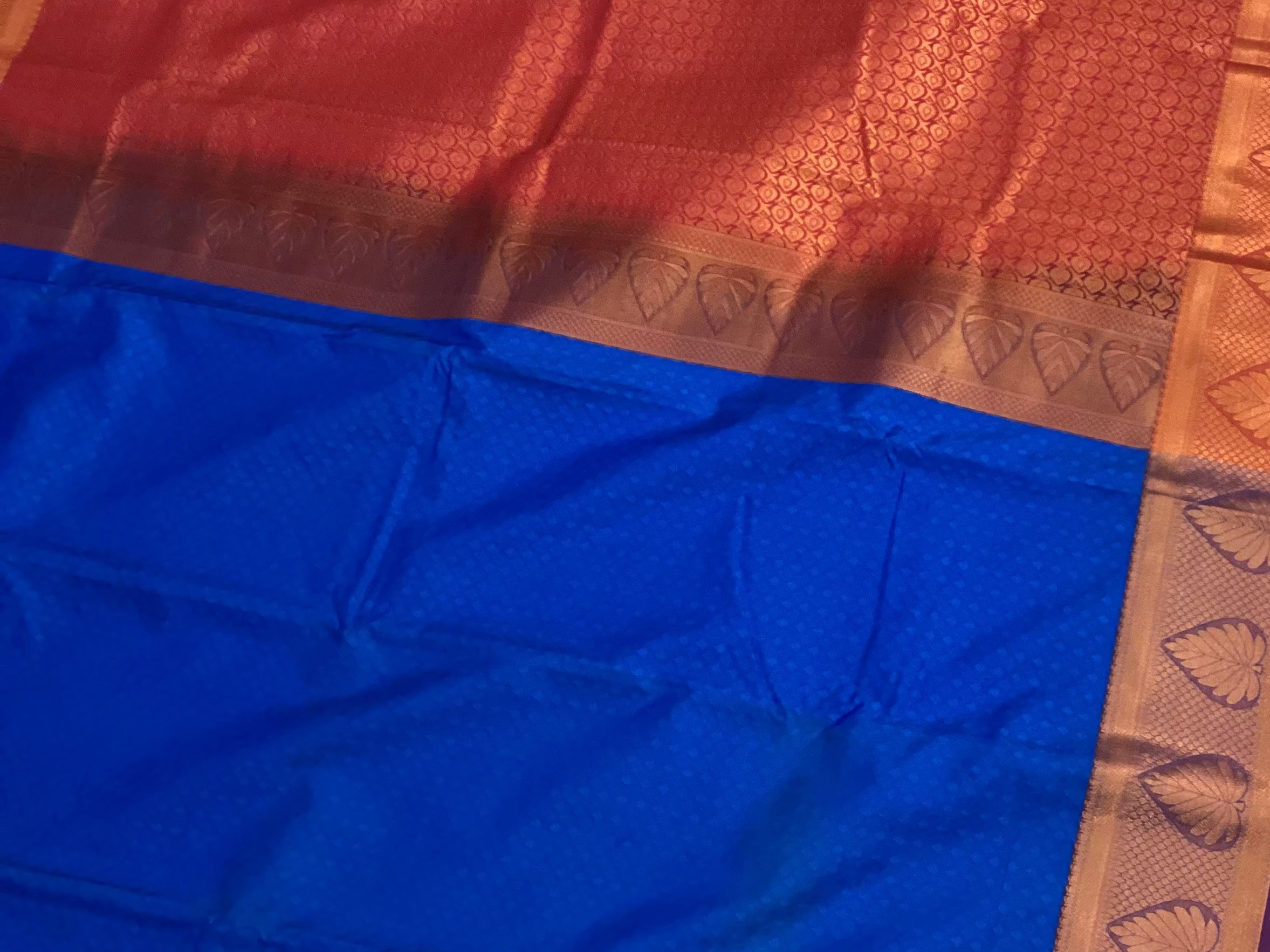 Royal Blue Silk Saree Magenta Pallu Copper Gold Leaf Border