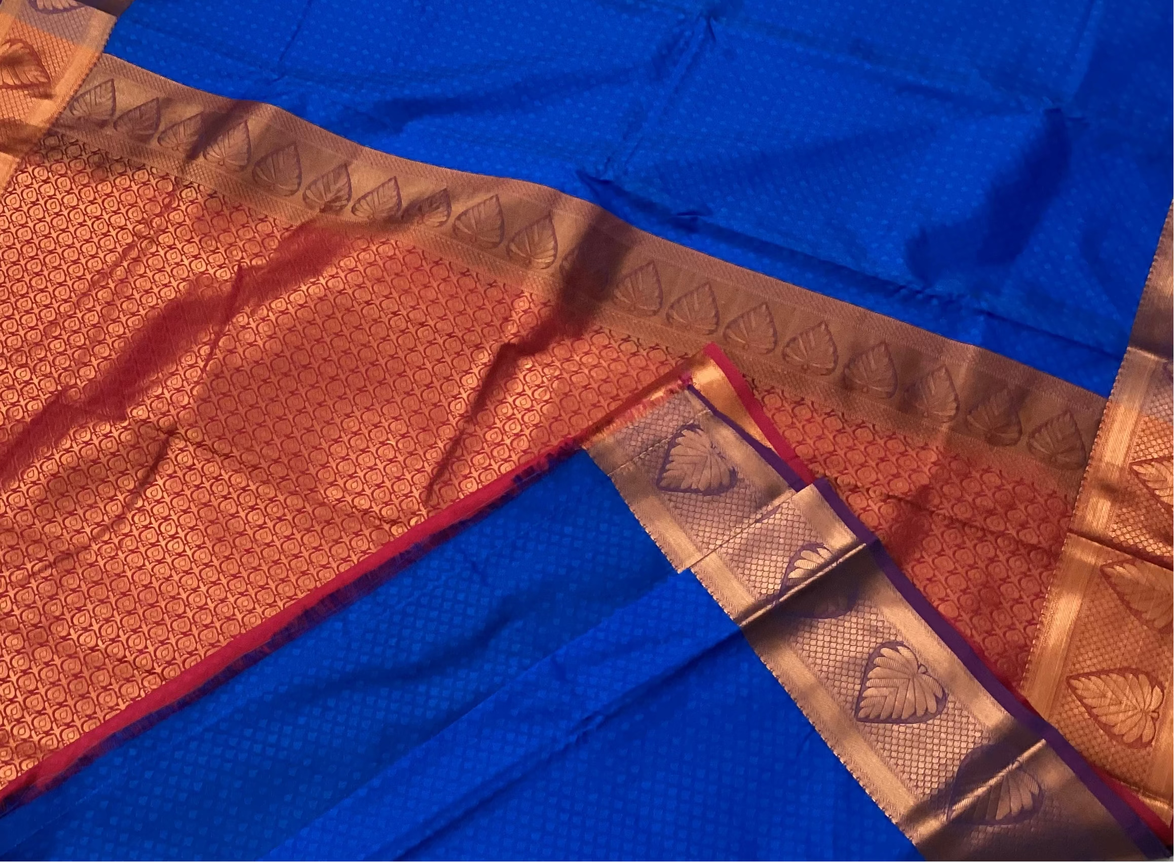 Royal Blue Silk Saree Magenta Pallu Copper Gold Leaf Border