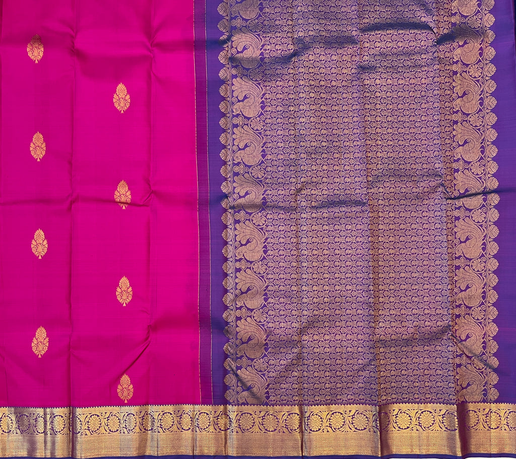 Fuchsia Gold Brocade Silk Saree With Purple Contrast Border