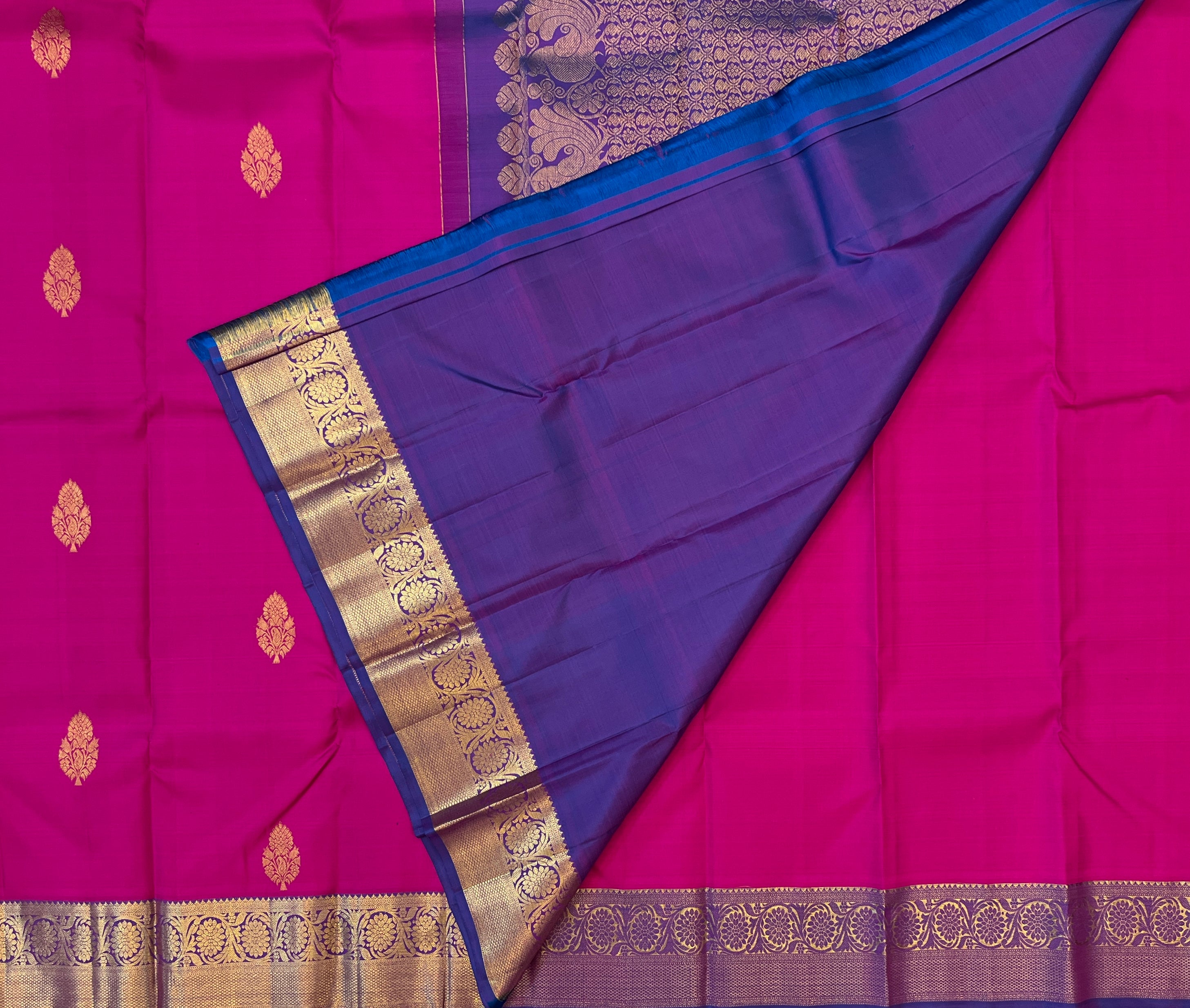 Fuchsia Gold Brocade Silk Saree With Purple Contrast Border