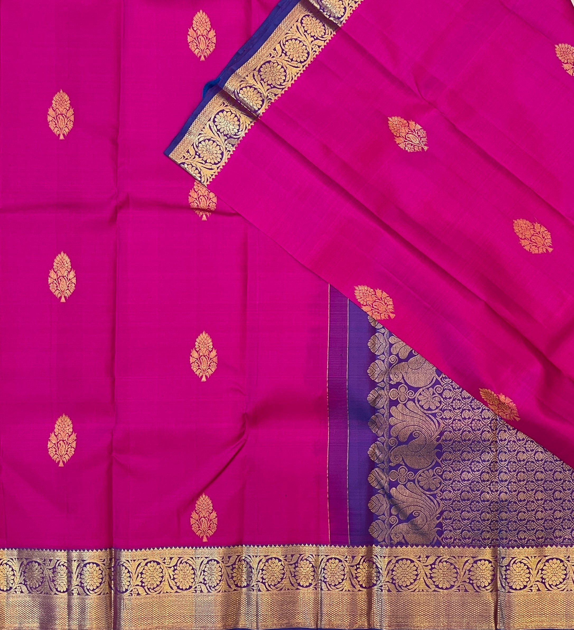 Fuchsia Gold Brocade Silk Saree With Purple Contrast Border