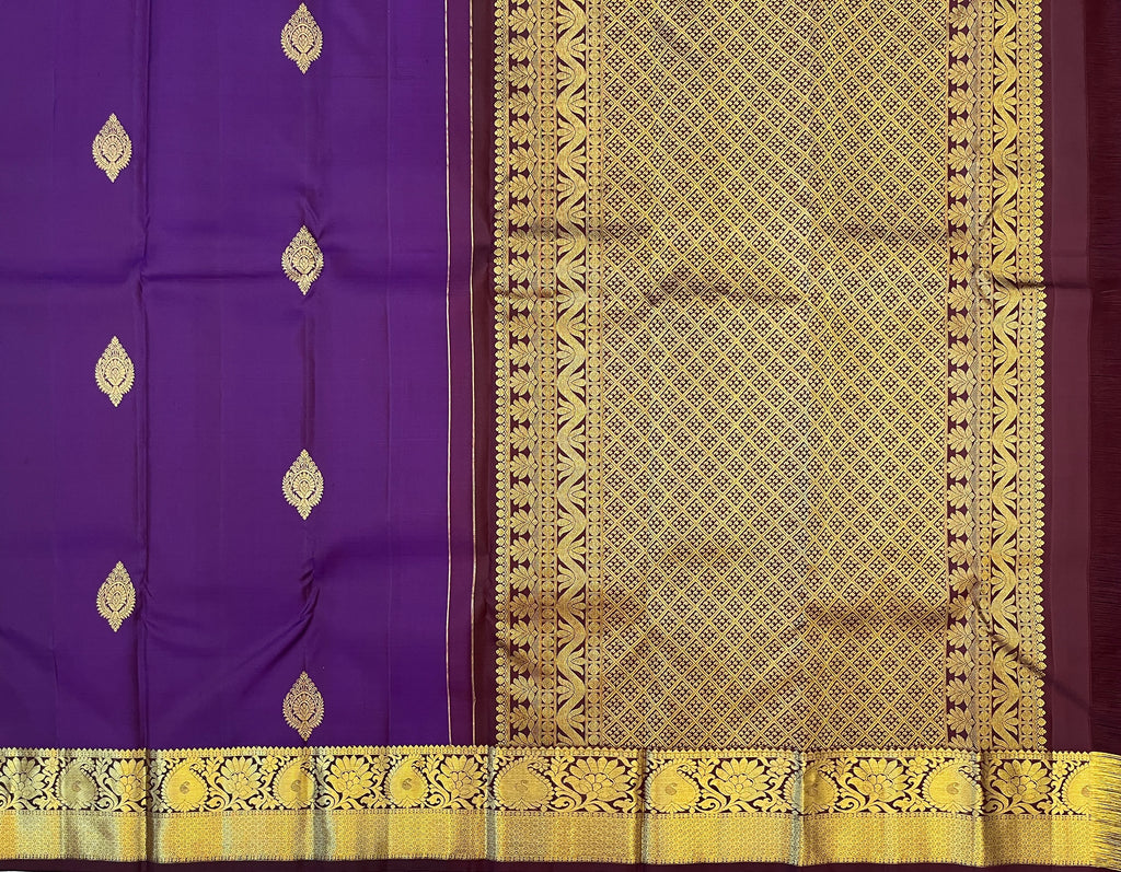 Deep Magenta Silk Saree Antique Gold Brocade Border Floral Medallion
