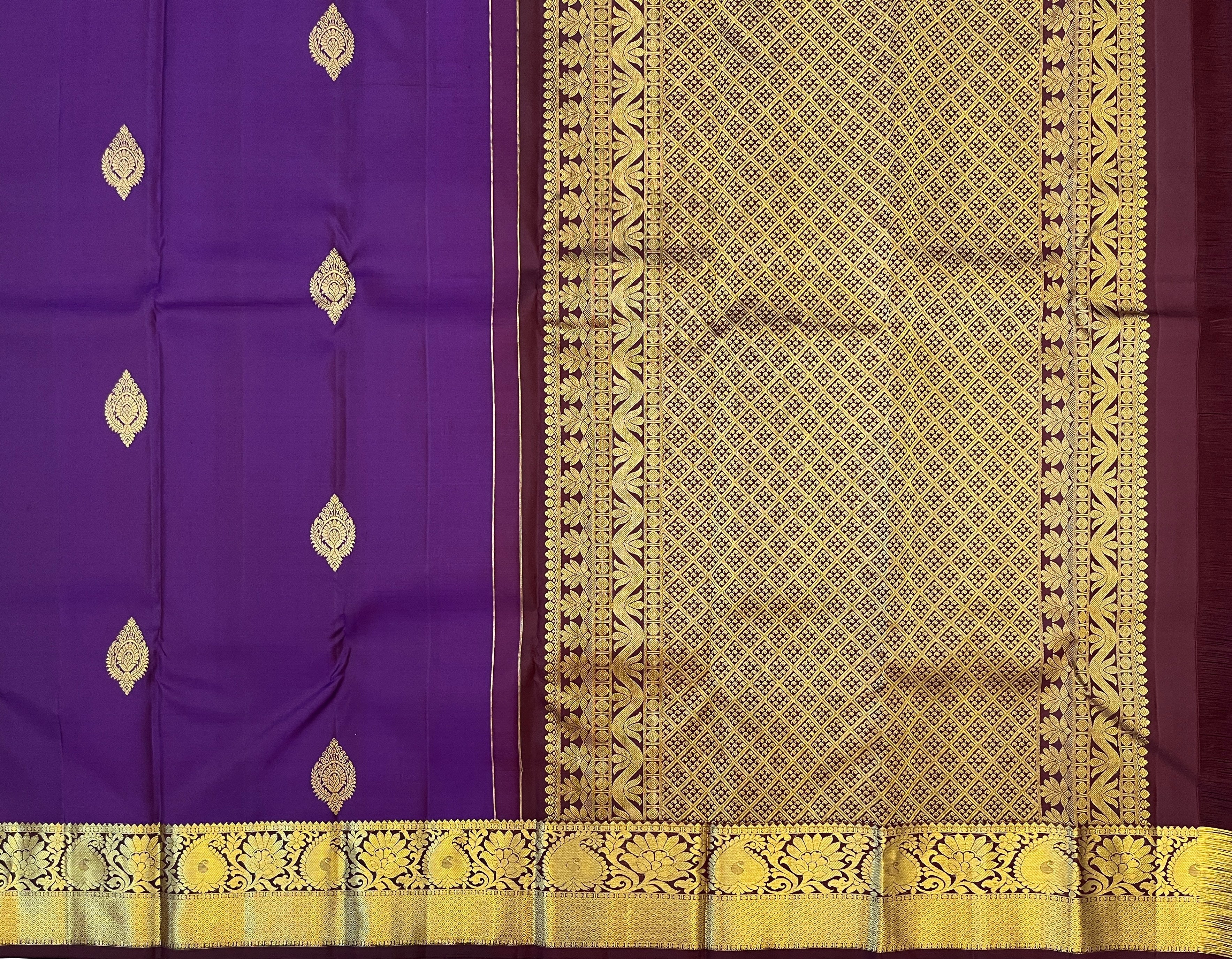 Deep Magenta Silk Saree Antique Gold Brocade Border Floral Medallion
