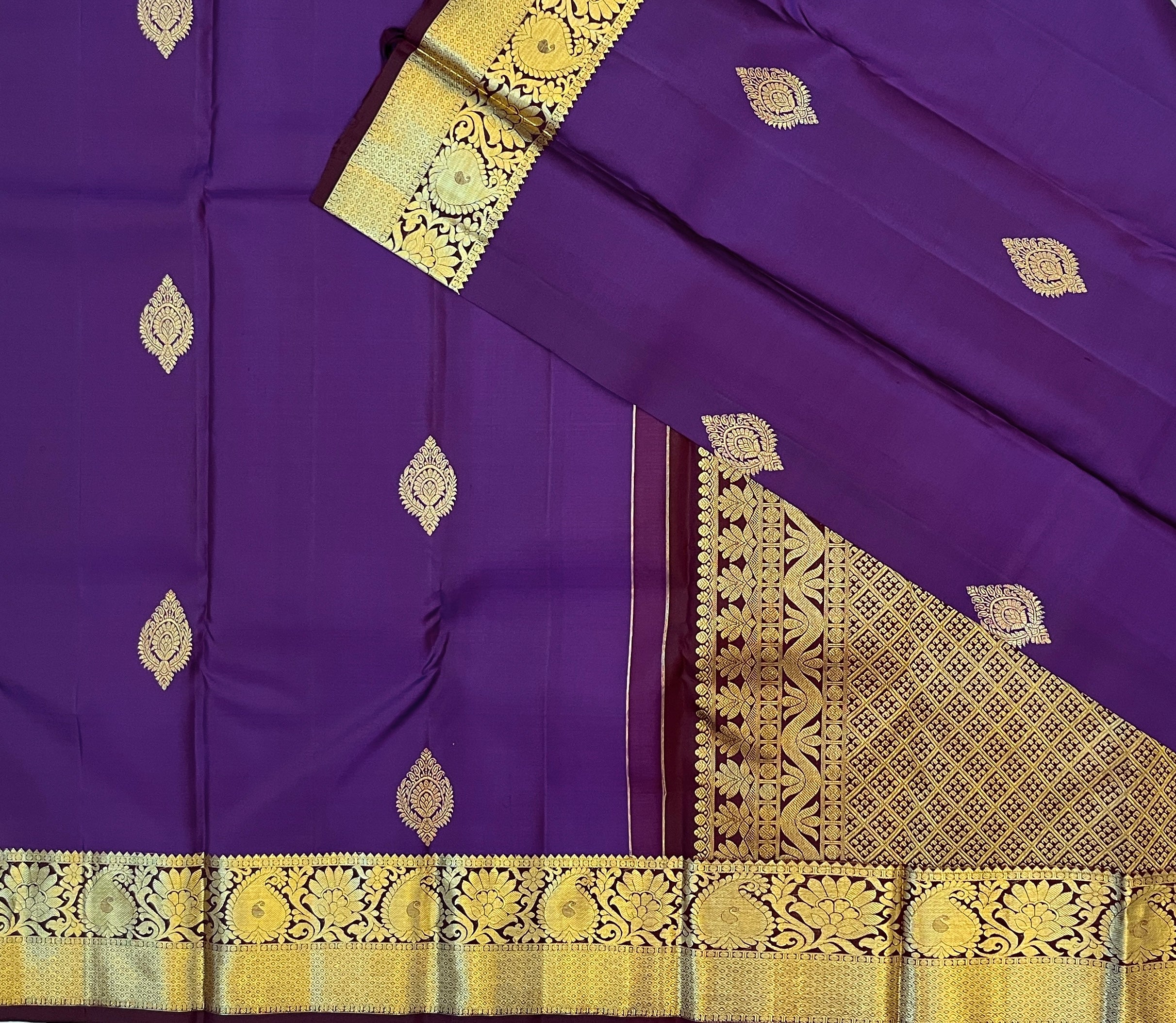Deep Magenta Silk Saree Antique Gold Brocade Border Floral Medallion