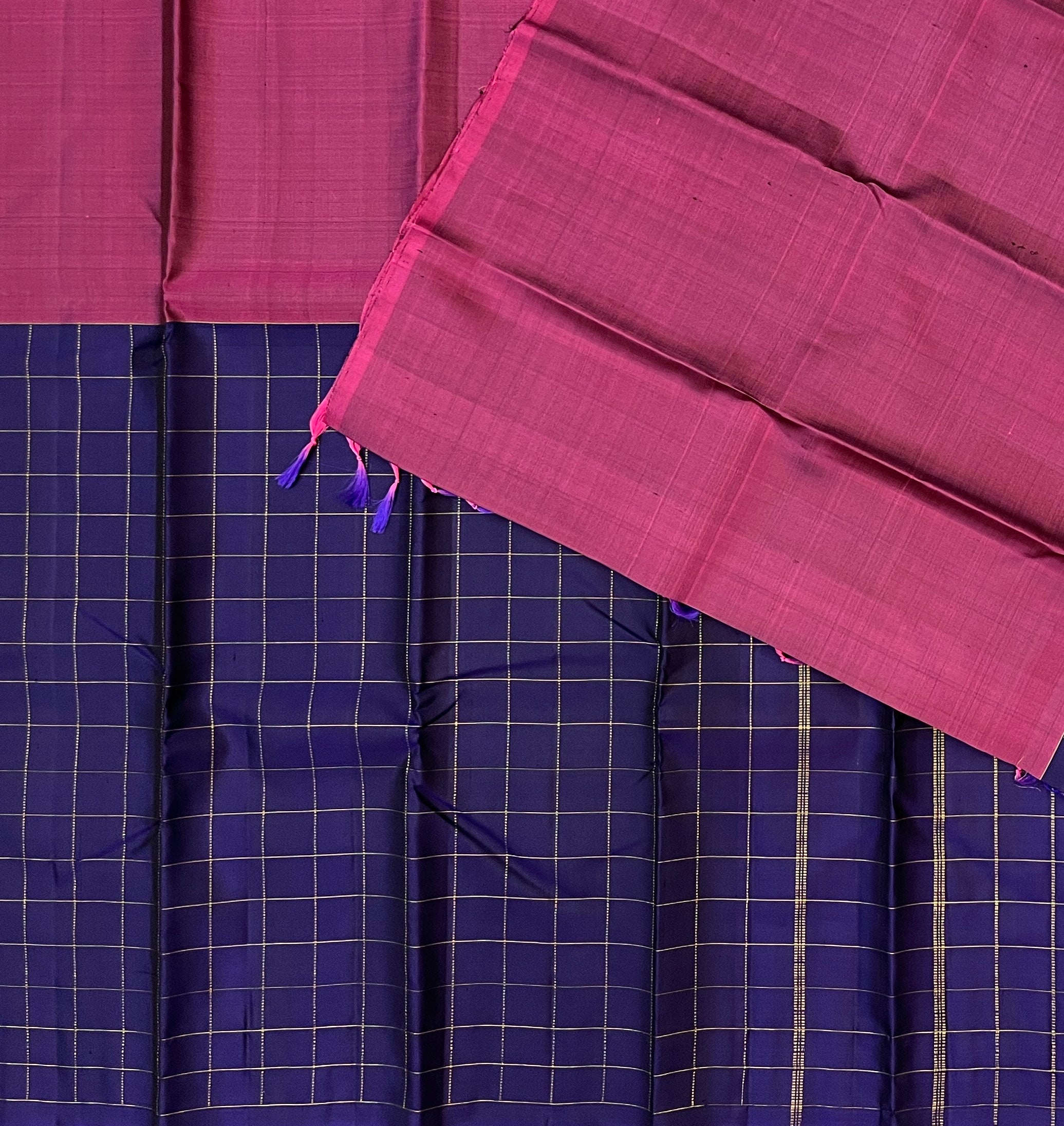 Deep Violet Silk Saree with Antique Gold Grid Zari Work