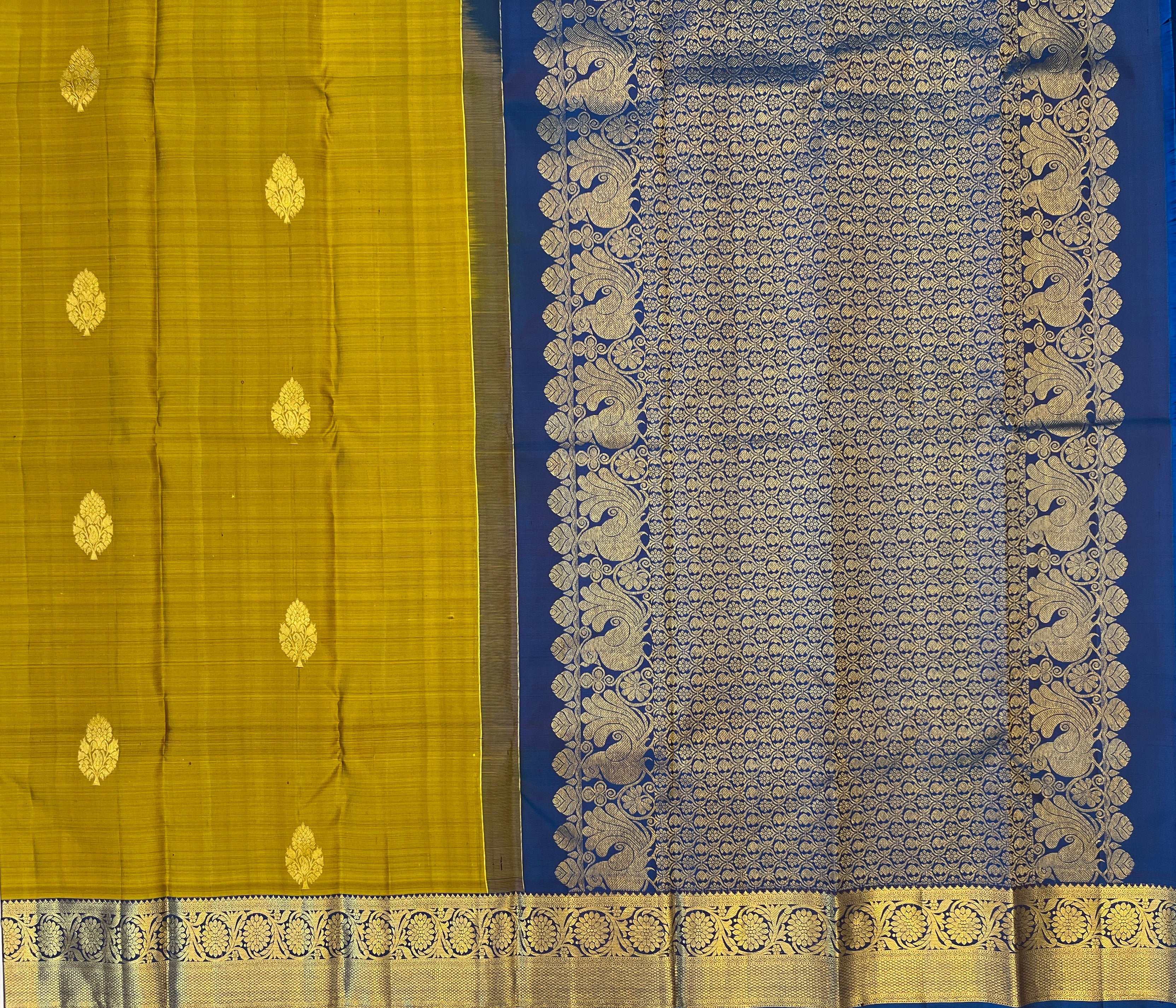 Antique Gold Silk Saree With Purple Woven Floral Zari Border