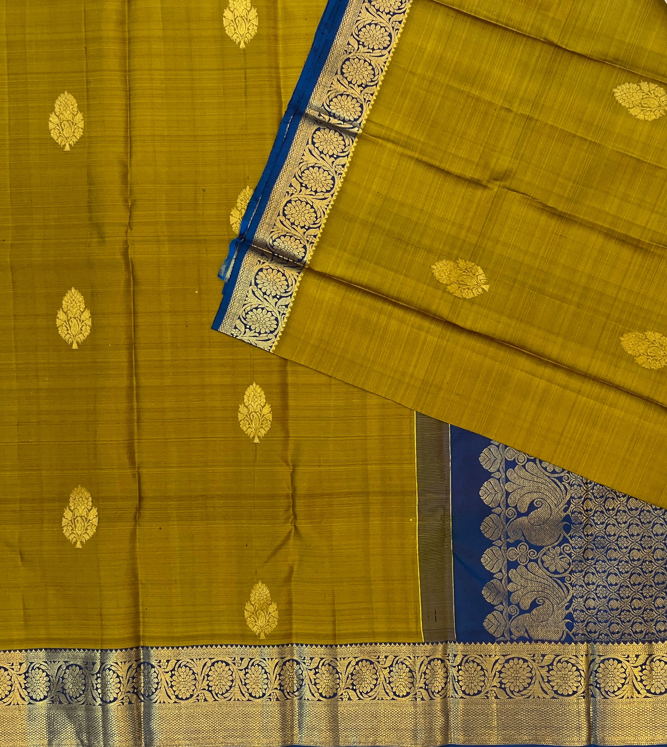 Antique Gold Silk Saree With Purple Woven Floral Zari Border