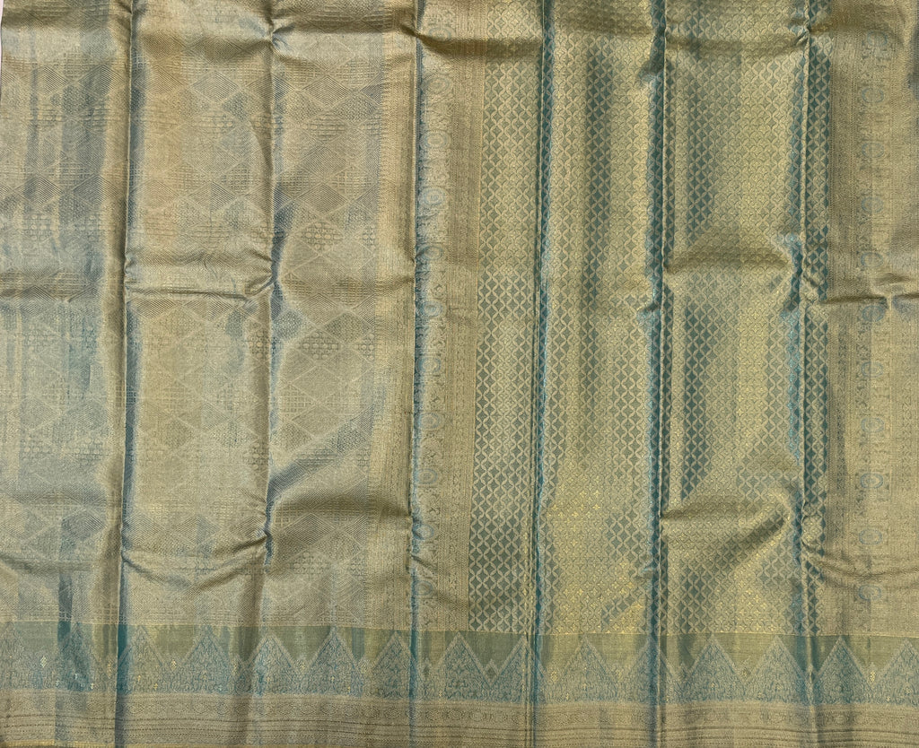Teal Silver Zari Brocade Saree Wedding Festive Traditional Ethnic Wear