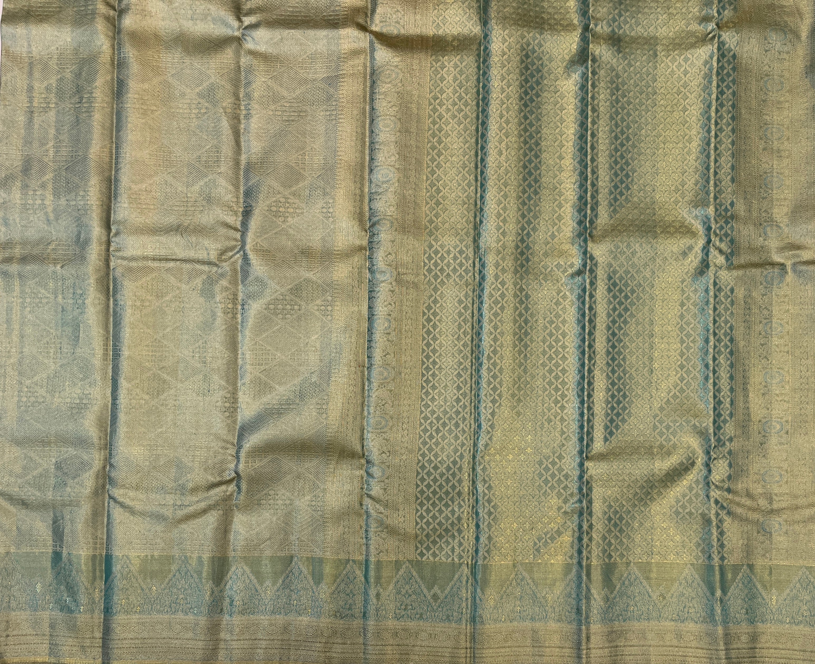 Teal Silver Zari Brocade Saree Wedding Festive Traditional Ethnic Wear